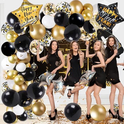 مجموعة لوازم تزيين حفلات رأس السنة الجديدة 2023 مع 87 قطعة من بالونات السنة الجديدة اكليل قوس اكليل خلفية هابي نيو يير لافتة مفرش طاولة زينة لحفلات رأس السنة الجديدة in Kuwait