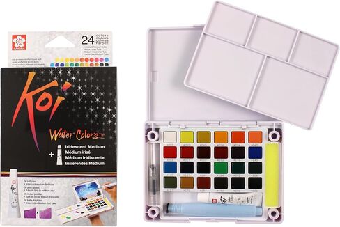 SAKURA Koi Pocket Field Sketch Kit - Watercolor Sets for Painting On the Go - 24 Colors + Iridescent Medium 5 mL Tube - 1 Water Brush - 1 Sponge - 1 Palette in Saudi Arabia