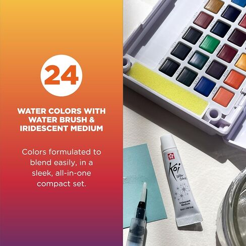 SAKURA Koi Pocket Field Sketch Kit - Watercolor Sets for Painting On the Go - 24 Colors + Iridescent Medium 5 mL Tube - 1 Water Brush - 1 Sponge - 1 Palette in Saudi Arabia