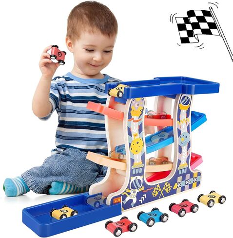مسار سباق Tmgooyier للأطفال الصغار من سن 1 إلى 3 سنوات، مجموعة ألعاب تنموية منزلق منحدر خشبي للأطفال الصغار من مونتيسوري مع 8 سيارات صغيرة و7 مسارات قوس قزح، رائعة للأطفال الذين تزيد أعمارهم عن عام واحد من الأولاد والبنات كهدايا عيد ميلاد للأطفال. in Kuwait