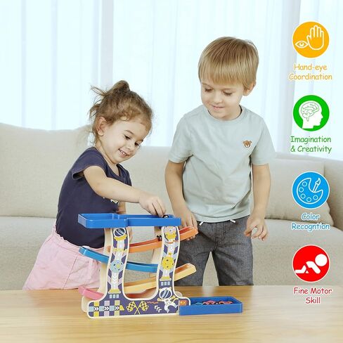 مسار سباق Tmgooyier للأطفال الصغار من سن 1 إلى 3 سنوات، مجموعة ألعاب تنموية منزلق منحدر خشبي للأطفال الصغار من مونتيسوري مع 8 سيارات صغيرة و7 مسارات قوس قزح، رائعة للأطفال الذين تزيد أعمارهم عن عام واحد من الأولاد والبنات كهدايا عيد ميلاد للأطفال. in Kuwait