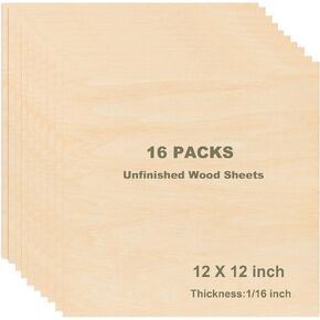 16 Packs 12 x 12 inch Unfinished Plywood Sheets, 1/16 inch Thin Wood Sheets Craft Wood Board Plywood for Crafts, Perfect for DIY Projects, Painting, Drawing, Laser Cutting, Wood Engraving in Kuwait