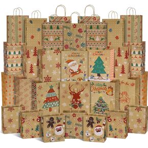 24 كيس هدايا عيد الميلاد كرافت - حقائب هدايا صغيرة متوسطة وكبيرة الحجم مع مقبض، حقائب عيد الميلاد البني بالجملة مع 37 قطعة ملصق اسم Chirstmas in Kuwait