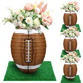 Rossesay 4 Pcs Football Paper Lantern Table Centerpiece Decoration set with 4 Pcs Grass Squares Sports Game Lantern Fake Grass Turf Patch Football Table Decor Faux Grass Decor Birthday Party Supplies