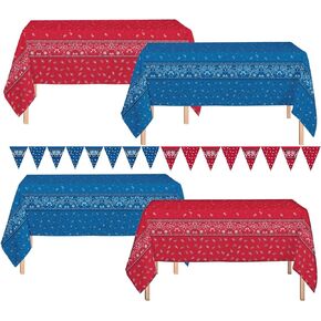 Oojami 4 Pack Bandana Western Theme Plastic Table Cover 54" x 108" Includes 2 Pennants (Assorted)