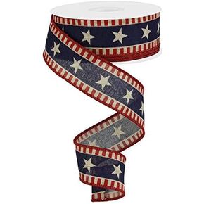 Stars & Stripes Wired Edge Ribbon - 10 Yards (Canvas, Beige, Red, Navy Blue)