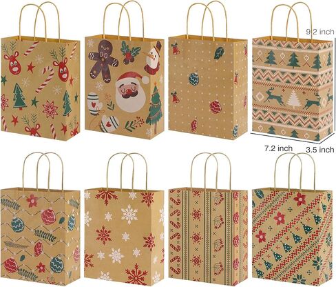 24 كيس هدايا عيد الميلاد كرافت - حقائب هدايا صغيرة متوسطة وكبيرة الحجم مع مقبض، حقائب عيد الميلاد البني بالجملة مع 37 قطعة ملصق اسم Chirstmas in Kuwait