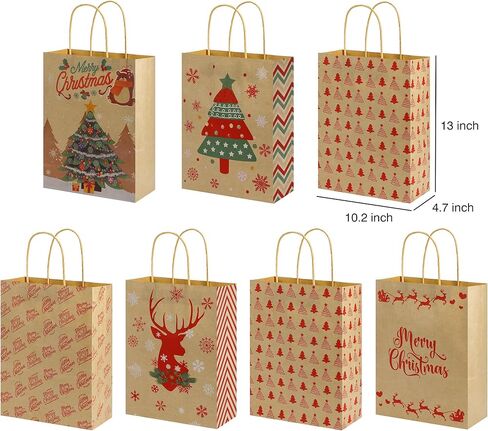 24 كيس هدايا عيد الميلاد كرافت - حقائب هدايا صغيرة متوسطة وكبيرة الحجم مع مقبض، حقائب عيد الميلاد البني بالجملة مع 37 قطعة ملصق اسم Chirstmas in Kuwait