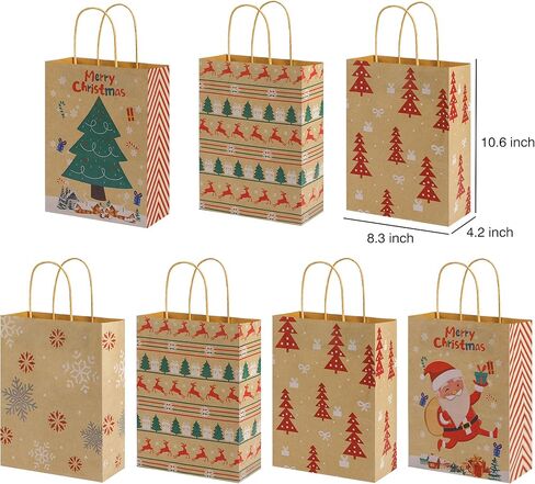 24 كيس هدايا عيد الميلاد كرافت - حقائب هدايا صغيرة متوسطة وكبيرة الحجم مع مقبض، حقائب عيد الميلاد البني بالجملة مع 37 قطعة ملصق اسم Chirstmas in Kuwait