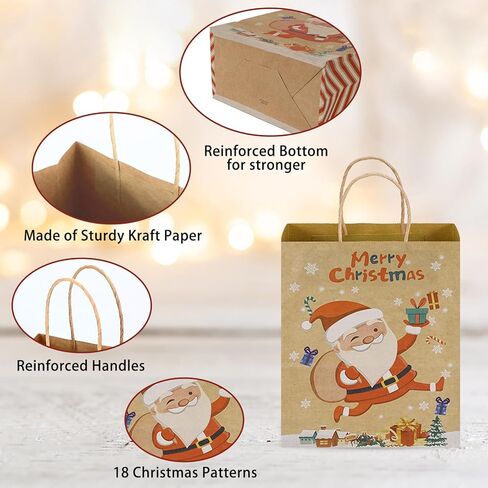 24 كيس هدايا عيد الميلاد كرافت - حقائب هدايا صغيرة متوسطة وكبيرة الحجم مع مقبض، حقائب عيد الميلاد البني بالجملة مع 37 قطعة ملصق اسم Chirstmas in Kuwait