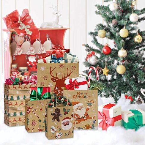 24 كيس هدايا عيد الميلاد كرافت - حقائب هدايا صغيرة متوسطة وكبيرة الحجم مع مقبض، حقائب عيد الميلاد البني بالجملة مع 37 قطعة ملصق اسم Chirstmas in Kuwait