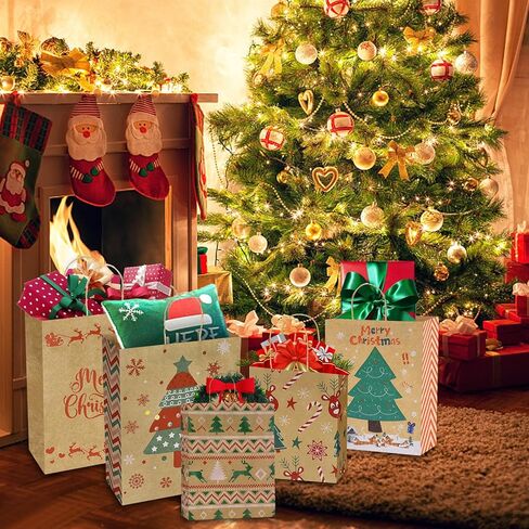 24 كيس هدايا عيد الميلاد كرافت - حقائب هدايا صغيرة متوسطة وكبيرة الحجم مع مقبض، حقائب عيد الميلاد البني بالجملة مع 37 قطعة ملصق اسم Chirstmas in Kuwait