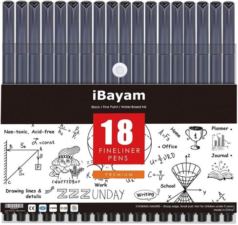 أقلام رسم سوداء من iBayam، 18 قلم حبر أسود للكتابة أو الرسم أو الرسم أو اليومية، واللوازم المدرسية، واللوازم المكتبية، وأقلام لطيفة، وقلم ميكرون، وأقلام رائعة، وأقلام المعلم، وأقلام Kawaii in Kuwait