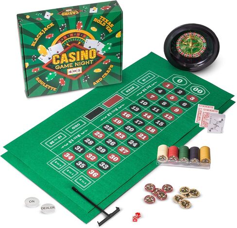 Brybelly Casino Night 4-in-1 Complete Game Set with Felts, Wheel, 100 Chips, Dice & Cards for Blackjack, Craps, Roulette & Texas Hold'em - Green Felt Double Sided Casino Tabletop Gaming Mat in Saudi Arabia