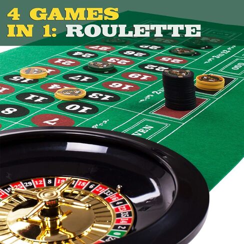 Brybelly Casino Night 4-in-1 Complete Game Set with Felts, Wheel, 100 Chips, Dice & Cards for Blackjack, Craps, Roulette & Texas Hold'em - Green Felt Double Sided Casino Tabletop Gaming Mat in Saudi Arabia