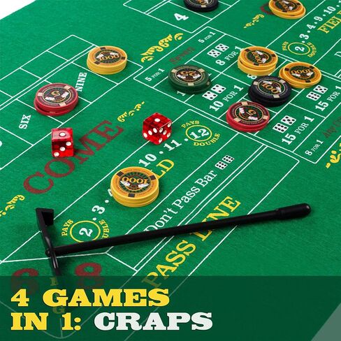 Brybelly Casino Night 4-in-1 Complete Game Set with Felts, Wheel, 100 Chips, Dice & Cards for Blackjack, Craps, Roulette & Texas Hold'em - Green Felt Double Sided Casino Tabletop Gaming Mat in Saudi Arabia