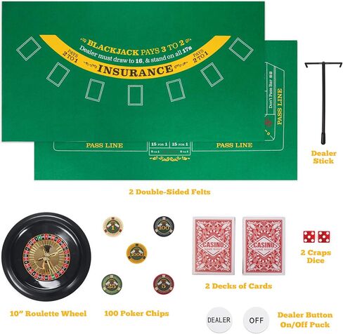 Brybelly Casino Night 4-in-1 Complete Game Set with Felts, Wheel, 100 Chips, Dice & Cards for Blackjack, Craps, Roulette & Texas Hold'em - Green Felt Double Sided Casino Tabletop Gaming Mat in Saudi Arabia