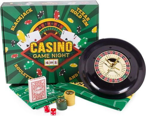 Brybelly Casino Night 4-in-1 Complete Game Set with Felts, Wheel, 100 Chips, Dice & Cards for Blackjack, Craps, Roulette & Texas Hold'em - Green Felt Double Sided Casino Tabletop Gaming Mat in Saudi Arabia