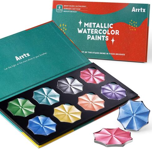 ارتيكس مجموعة الوان مائية معدنية احترافية، 8 الوان لامعة لامعة زاهية، لوازم مدرسية فنية للفنانين والمبتدئين والهواة والطلاب والمحترفين in Kuwait