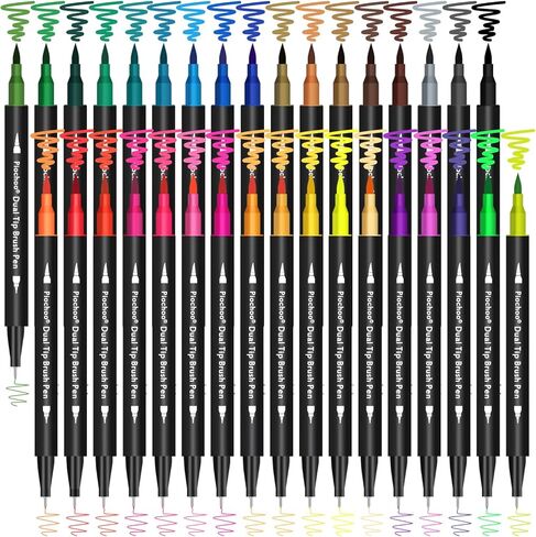أقلام تلوين فنية ملونة، 34 قلم تحديد فرشاة بطرف مزدوج، أقلام ملونة بنقاط دقيقة ورأس فرشاة للأطفال والكبار من كتب تلوين لمخططي دفاتر التلوين ورسائل كتابة الملاحظات أخذ الحروف in Kuwait