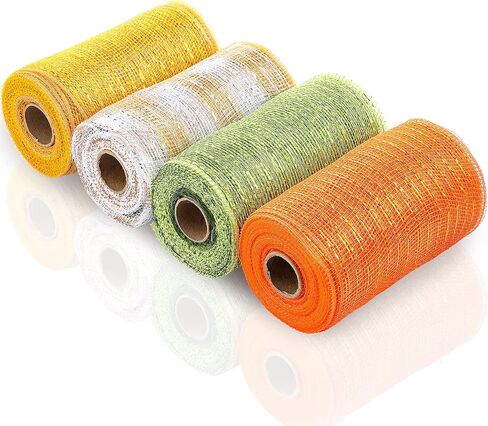 4 Rolls Mesh Ribbon, Metallic Foil Mesh Ribbon Metallic Mesh Ribbon for Door Wreath DIY Crafts Making Supplies (Green, Orange, Gold,6 Inch) in Saudi Arabia