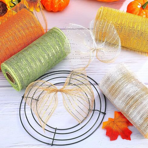 4 Rolls Mesh Ribbon, Metallic Foil Mesh Ribbon Metallic Mesh Ribbon for Door Wreath DIY Crafts Making Supplies (Green, Orange, Gold,6 Inch) in Saudi Arabia