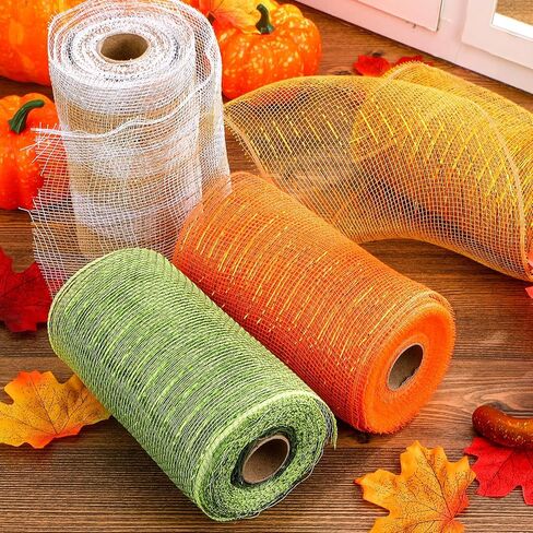 4 Rolls Mesh Ribbon, Metallic Foil Mesh Ribbon Metallic Mesh Ribbon for Door Wreath DIY Crafts Making Supplies (Green, Orange, Gold,6 Inch) in Saudi Arabia