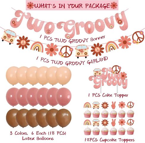 Two Groovy party Retro Hippie Boho Girl Birthday Party Supplies for Girl 2nd Birthday 60s Party Include Two Groovy Banner Daisy Flower Balloons Hippie Cake Toppers and Cupcake Picks in Saudi Arabia