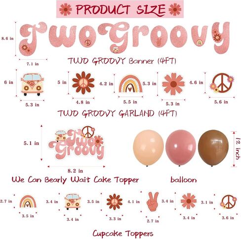 Two Groovy party Retro Hippie Boho Girl Birthday Party Supplies for Girl 2nd Birthday 60s Party Include Two Groovy Banner Daisy Flower Balloons Hippie Cake Toppers and Cupcake Picks in Saudi Arabia