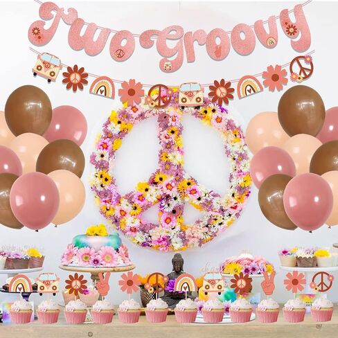 Two Groovy party Retro Hippie Boho Girl Birthday Party Supplies for Girl 2nd Birthday 60s Party Include Two Groovy Banner Daisy Flower Balloons Hippie Cake Toppers and Cupcake Picks in Saudi Arabia