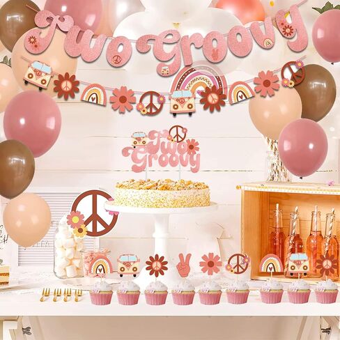 Two Groovy party Retro Hippie Boho Girl Birthday Party Supplies for Girl 2nd Birthday 60s Party Include Two Groovy Banner Daisy Flower Balloons Hippie Cake Toppers and Cupcake Picks in Saudi Arabia