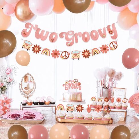 Two Groovy party Retro Hippie Boho Girl Birthday Party Supplies for Girl 2nd Birthday 60s Party Include Two Groovy Banner Daisy Flower Balloons Hippie Cake Toppers and Cupcake Picks in Saudi Arabia