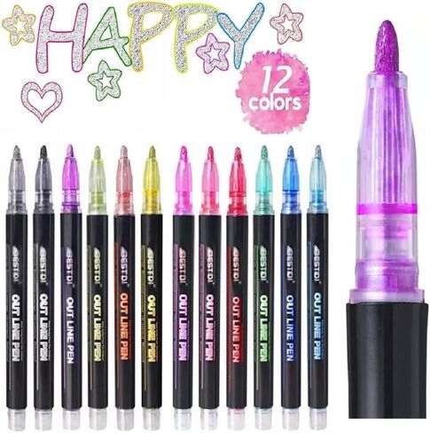 WFWJ 12 Colors Self Outline Metallic Markers,Super Squiggles Shimmer Markers Pen For Highlight Outline Metallic Markers Pen,Card- Drawing Making Cute Glitter Magic Markers Stationary Supplies in Saudi Arabia