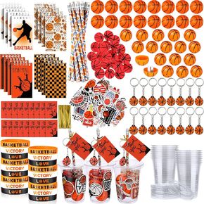 Colarr 146 Pcs Basketball Birthday Gifts Party Favors Include Basketball Pencils Mini Book Keychains Silicone Wristbands PET Cups with Lids Stickers Thank You Cards Eraser Sharpener Mini Ball