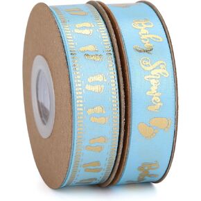 20 Yards Baby Ribbon Foot Print Blue and Gold Ribbons for Crafts Cake Baby Shower Birthday,Gift Wrapping, Party Decoration (2 roll Blue)