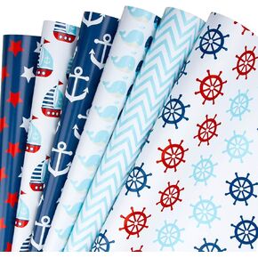 WRAPAHOLIC Wrapping Paper Sheet - Nautical Anchors Blue Design for Birthday, Holiday, Wedding, Baby Shower - 1 Roll Contains 6 Sheets - 17.5 inch X 39.3 inch Per Sheet