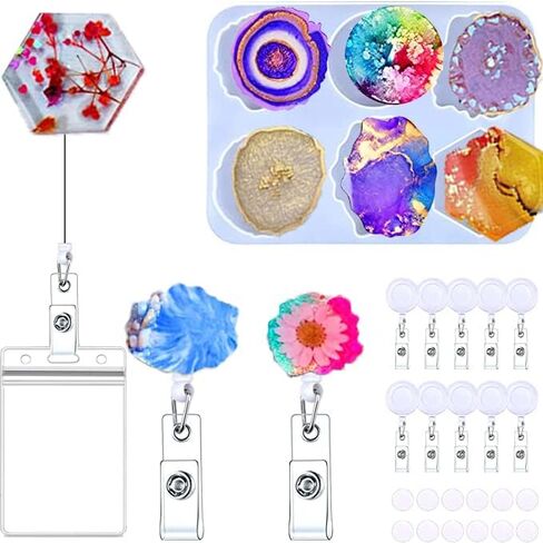 VISCAL Resin Molds Silicone ID Card Badge Reels Holder，6 Cavity Silicone Irregular Round Epoxy Casting Molds，On Top Retractable Badge Reels Molds 10pcs,for DIY Jewelry Making Supplies in Kuwait