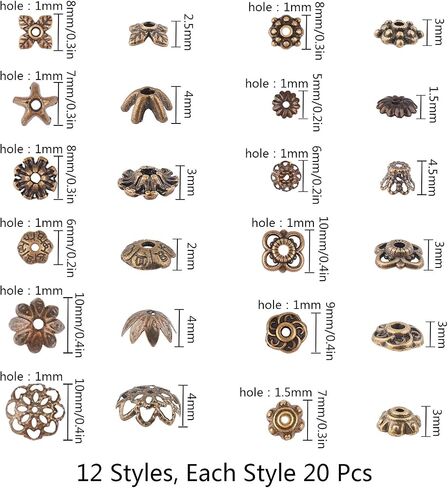SUNNYCLUE 1 Box 240Pcs 12 Styles Flower Spacer Beads Caps Silver Bead Caps Mixed Tibetan Beads Jewelry Findings for DIY Earring Bracelet Necklace Keyring Making in Saudi Arabia