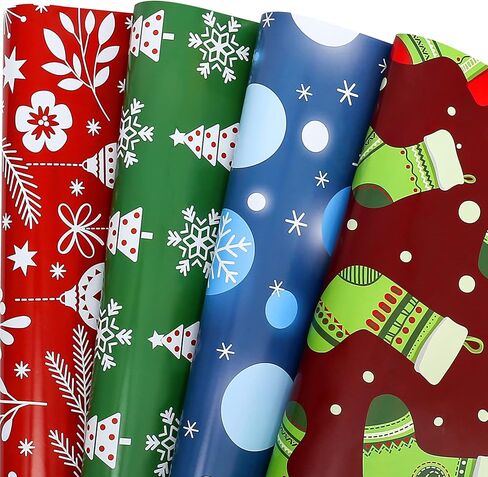 u'cover ورق تغليف عيد الميلاد للأطفال الأولاد والبنات والأطفال والنساء والرجال ورق تغليف هدايا عيد الميلاد 4 أنماط أشجار عيد الميلاد ندفة الثلج جرس الجوارب الكرة للهدايا التفاف ديكور 12 ورقة مطوية 20 × 29 بوصة in Kuwait
