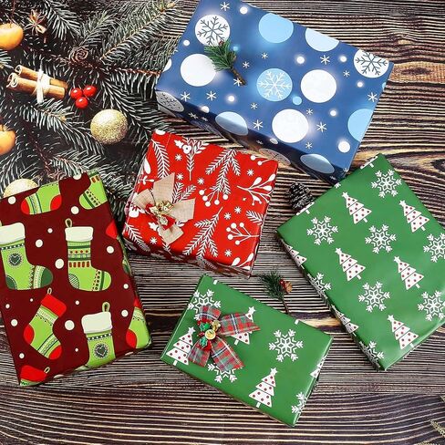 u'cover ورق تغليف عيد الميلاد للأطفال الأولاد والبنات والأطفال والنساء والرجال ورق تغليف هدايا عيد الميلاد 4 أنماط أشجار عيد الميلاد ندفة الثلج جرس الجوارب الكرة للهدايا التفاف ديكور 12 ورقة مطوية 20 × 29 بوصة in Kuwait