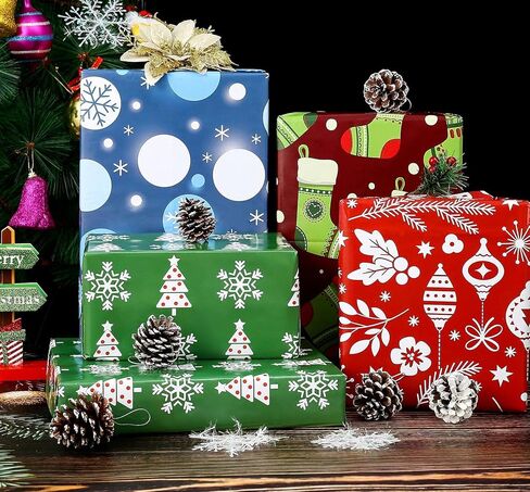 u'cover ورق تغليف عيد الميلاد للأطفال الأولاد والبنات والأطفال والنساء والرجال ورق تغليف هدايا عيد الميلاد 4 أنماط أشجار عيد الميلاد ندفة الثلج جرس الجوارب الكرة للهدايا التفاف ديكور 12 ورقة مطوية 20 × 29 بوصة in Kuwait