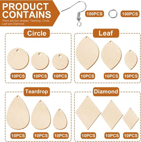 Qfeley 320 قطعة أقراط خشبية غير مكتملة الفراغات الخشبية دمعة / دائرة / أوراق / أقراط الماس المعلقات مع 100 قطعة من خطافات القرط و 100 قطعة خواتم القفز لصناعة المجوهرات in Kuwait