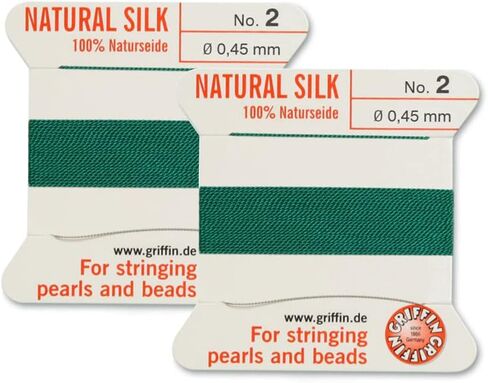 2 Pcs Griffin Natural Silk Beading Cord Thread and Needle Size 2 Green Color in Saudi Arabia