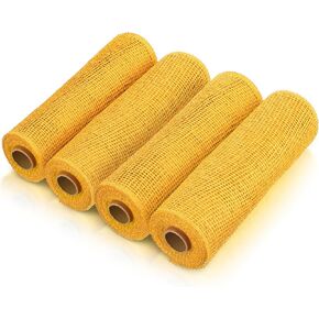 Chuangdi 4 Rolls Poly Burlap Mesh Poly Burlap Deco Ribbon Mesh Roll for Spring Summer Easter 4th of July DIY Flower Wreath Garland, 10 Inch(Orange, Yellow, Green)