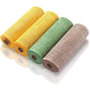 Chuangdi 4 Rolls Poly Burlap Mesh Poly Burlap Deco Ribbon Mesh Roll for Spring Summer Easter 4th of July DIY Flower Wreath Garland, 10 Inch(Orange, Yellow, Green)