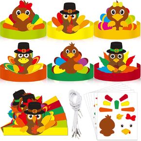 24 Sets Fall Turkey Headbands Fall Craft Kits DIY, Turkey Paper Hats Autumn Crown with Fall Leaf Turkey Pumpkin Pine Cone Feather Eyes Stickers Art Sets for Thanksgiving Kids Party Class Home Activity in Saudi Arabia