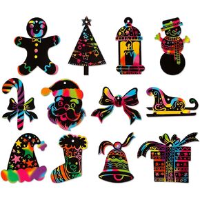 WaaHome Rainbow Scratch Christmas Ornaments 24pcs Christmas Scratch Art Paper Craft for Kids School Classroom DIY Crafts Christmas Winter Holiday Party Decorations Favors Supplies