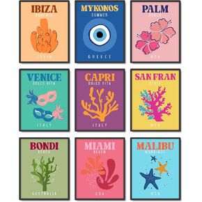 ملصقات فنية جدارية للسفر من Teevoc بمقاس 20.32 سم × 25.4 سم غير مؤطرة، 9 قطع ملونة من Preppy لديكور الغرفة الجمالية، ملصقات فنية جمالية Preppy، ملصق مسكن جامعي وردي، مجموعة من 9 بدون إطار in Kuwait