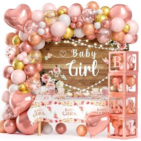 Winrayk Floral Baby Shower Decorations for Girl, Baby Boxes with Letters, Rose Gold Pink Balloon Arch Backdrop Tablecloth Heart Foil Balloon, Birthday Party Decor Girl Baby Shower Decorations
