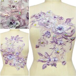 Rhinestone Pearl 3D Embroidery Lace Applique Motif Sewing of Lining Fabric Blouse Lace Patches Wedding Dress Accessories (Baby Blue)